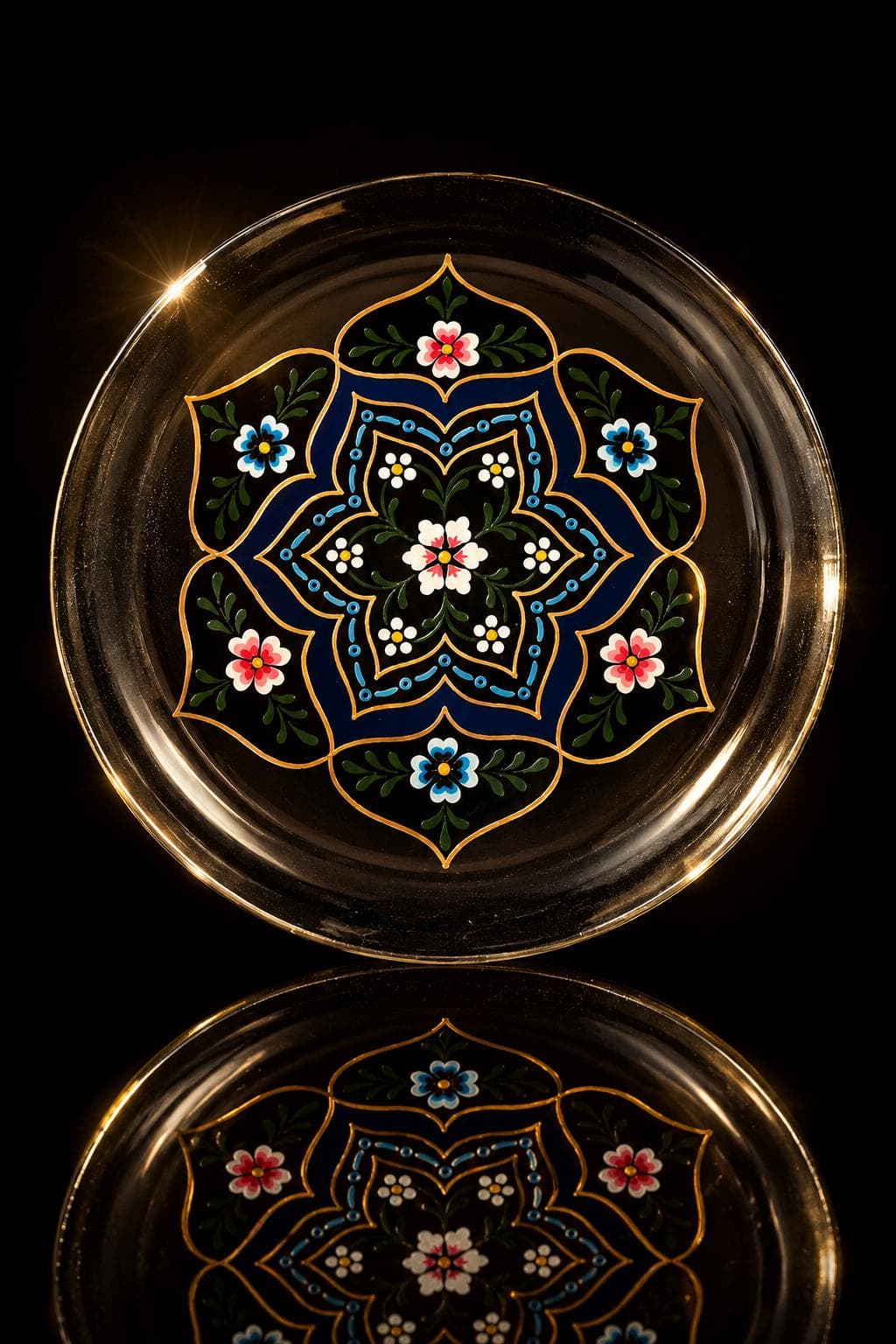 Lacivert zemin üzerinde çok renkli çiçekler ve gerçek altın detaylarla el boyaması Rumi Bahçesi cam tabak